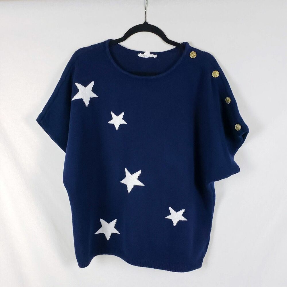 BRIT.NY Nautical Coastal Pullover Sweater Womens 1X Cotton Preppy Blue Dolman